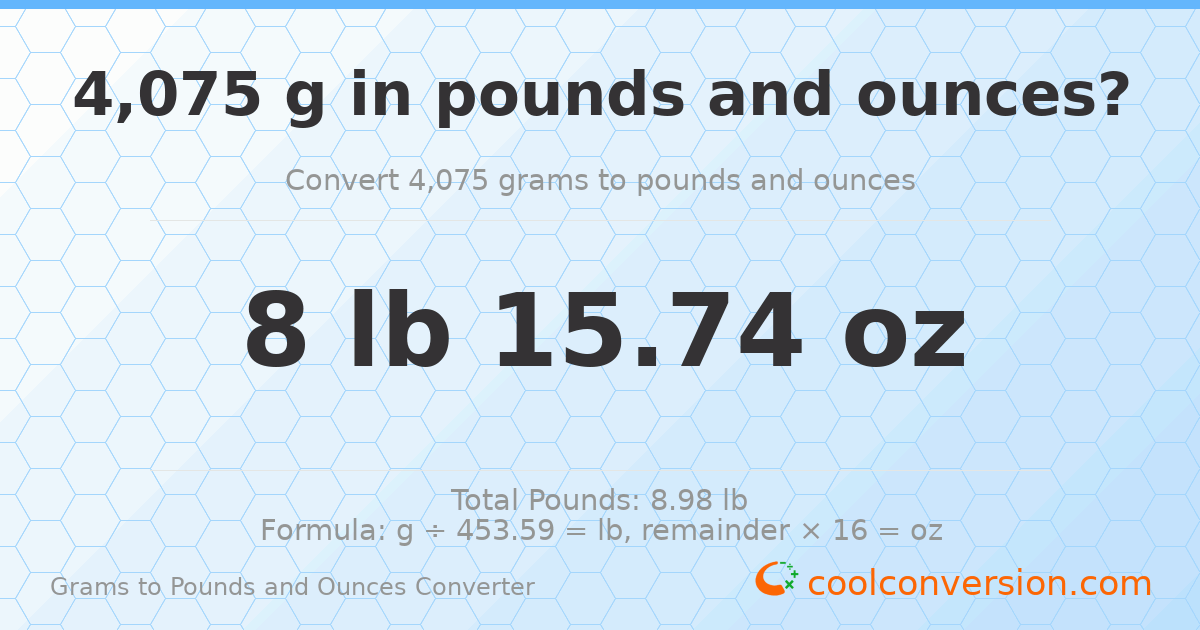 4075 g to lb and oz — 4075 g = 8 lb 15.74 oz