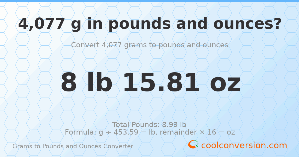 4077 g to lb and oz — 4077 g = 8 lb 15.81 oz