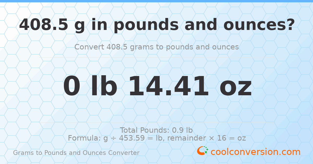 408.5 g to lb and oz — 408.5 g = 0 lb 14.41 oz