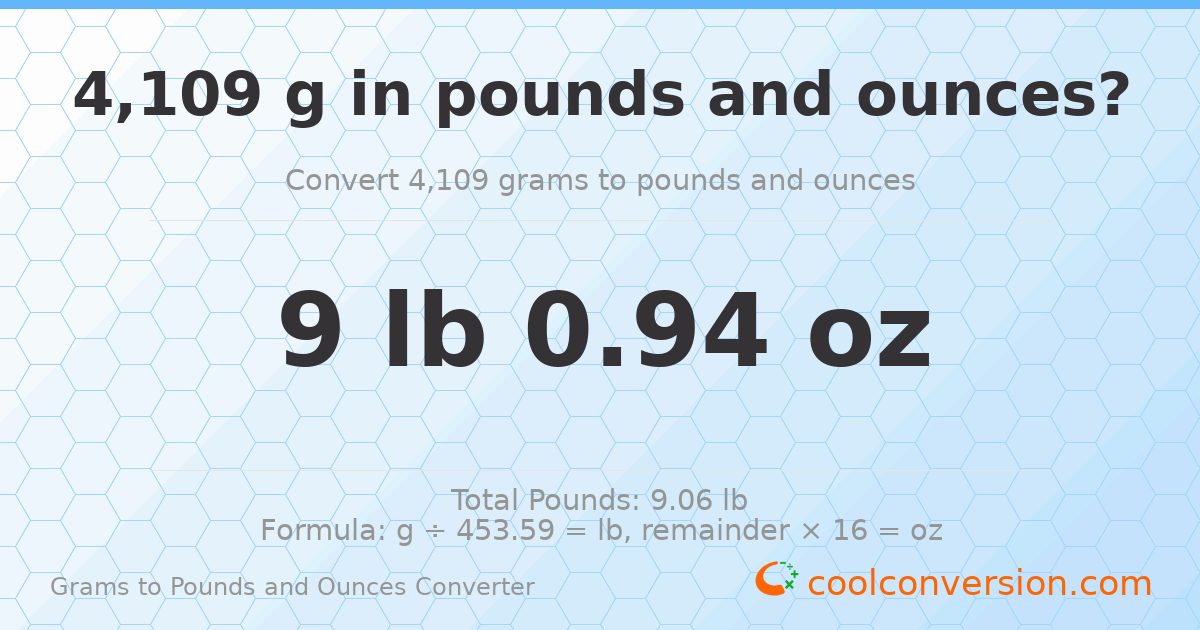 4109 g to lb and oz — 4109 g = 9 lb 0.94 oz