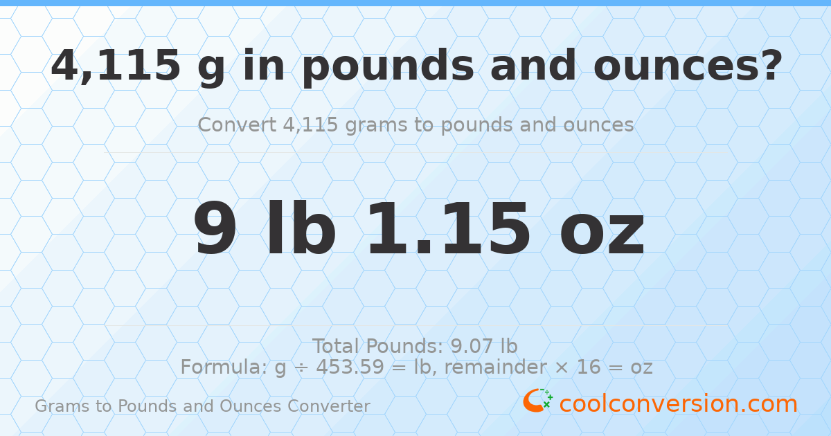 4115 g to lb and oz — 4115 g = 9 lb 1.15 oz