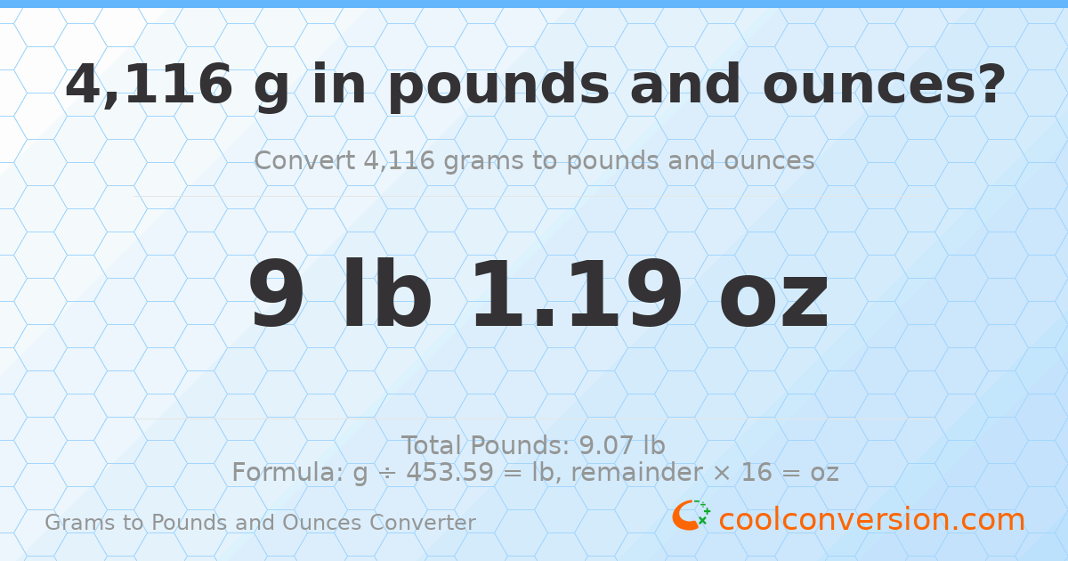 4116 g to lb and oz — 4116 g = 9 lb 1.19 oz