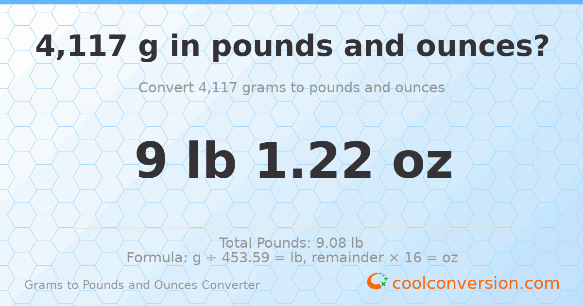 4117 g to lb and oz — 4117 g = 9 lb 1.22 oz