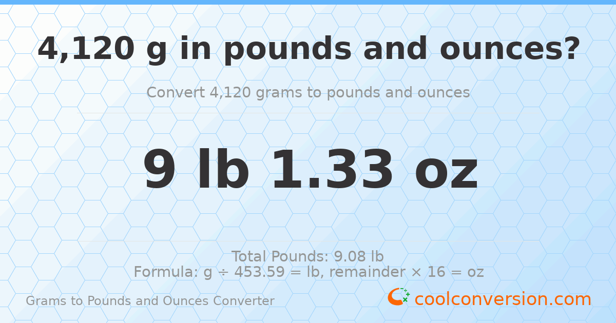 4120 g to lb and oz — 4120 g = 9 lb 1.33 oz