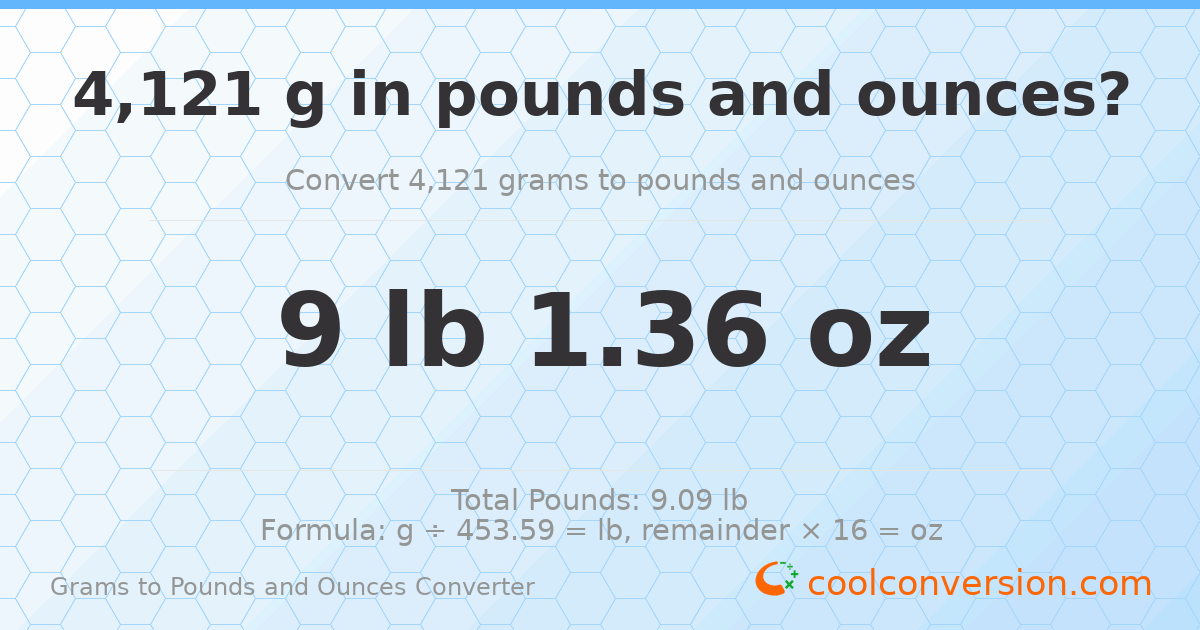 4121 g to lb and oz — 4121 g = 9 lb 1.36 oz