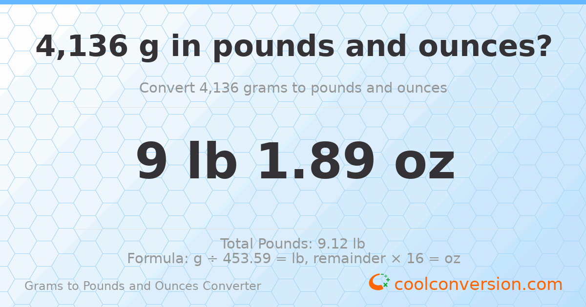 4136 g to lb and oz — 4136 g = 9 lb 1.89 oz
