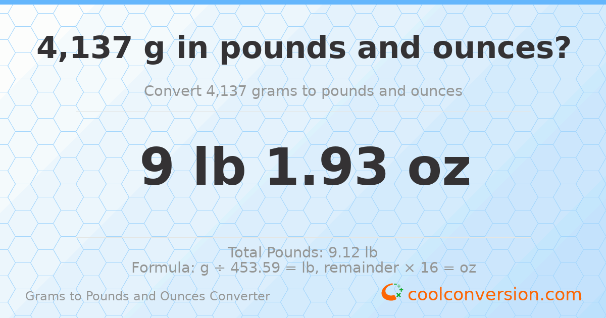 4137 g to lb and oz — 4137 g = 9 lb 1.93 oz