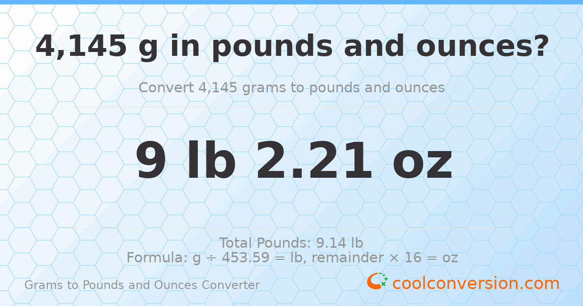 4145 g to lb and oz — 4145 g = 9 lb 2.21 oz