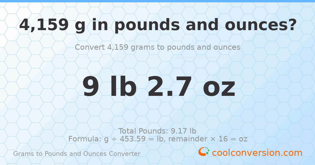 4159 g to lb and oz — 4159 g = 9 lb 2.7 oz