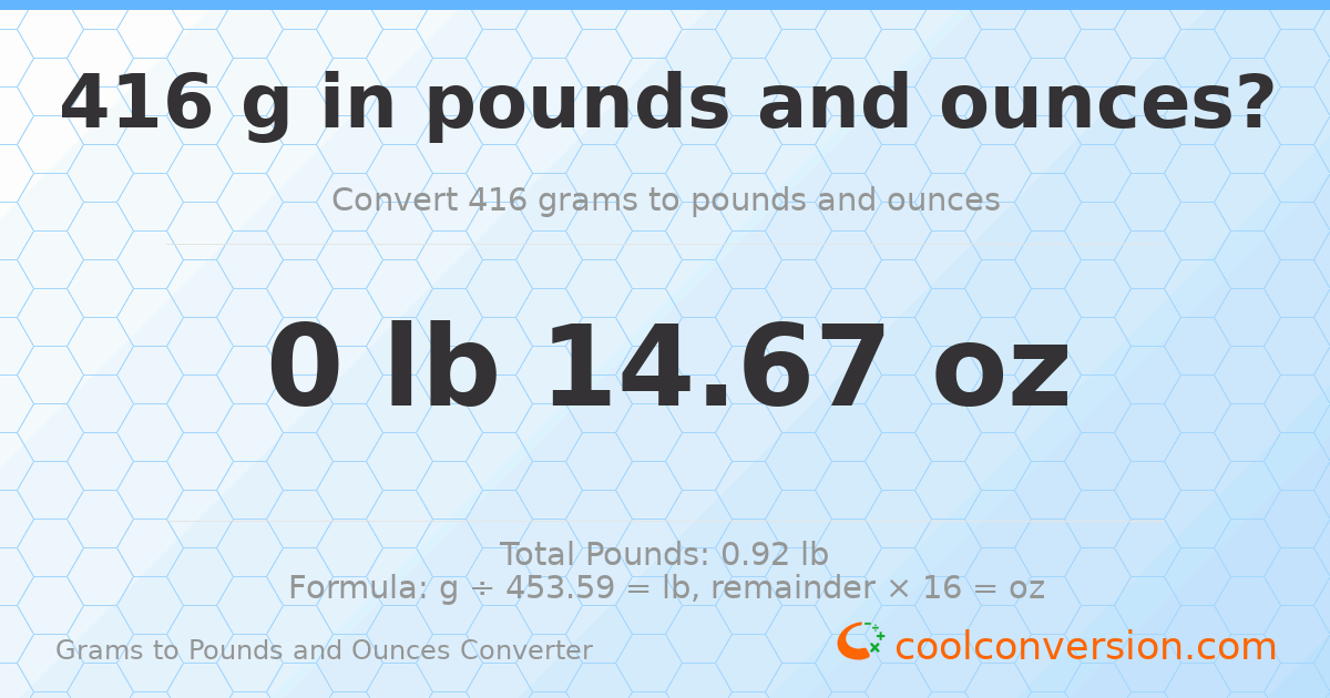 416 g to lb and oz — 416 g = 0 lb 14.67 oz
