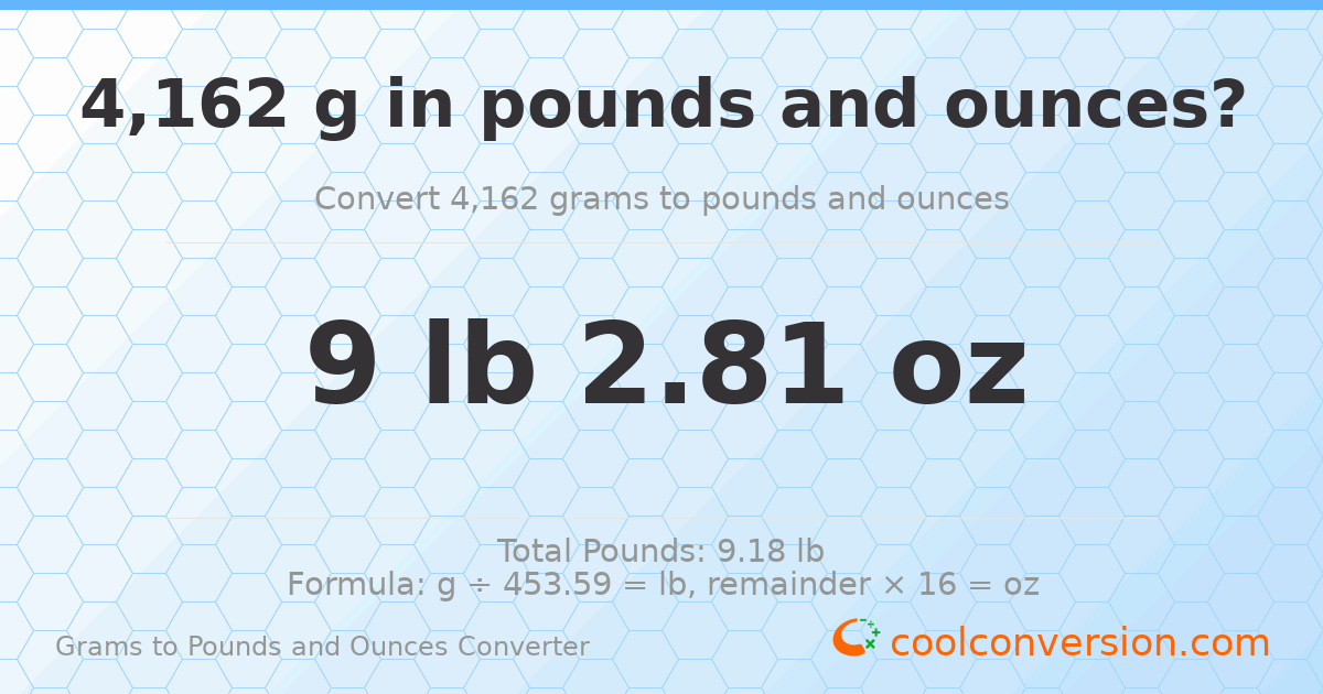 4162 g to lb and oz — 4162 g = 9 lb 2.81 oz