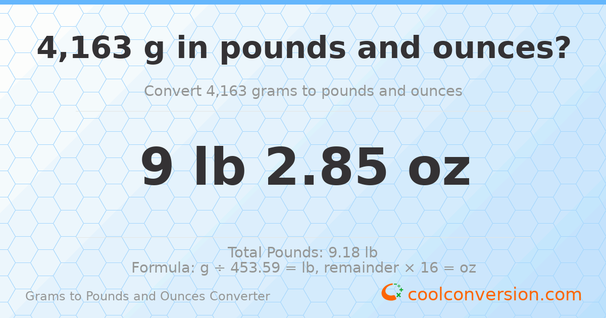 4163 g to lb and oz — 4163 g = 9 lb 2.85 oz