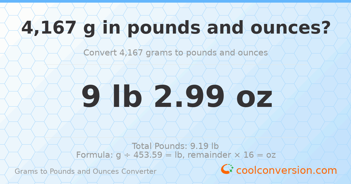 4167 g to lb and oz — 4167 g = 9 lb 2.99 oz