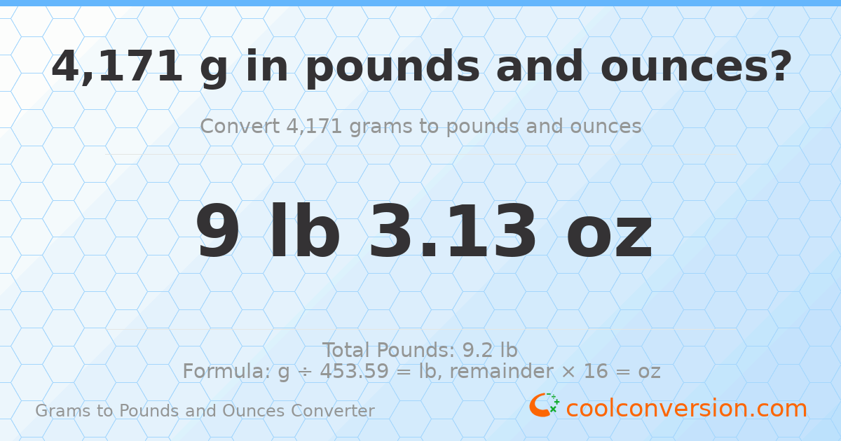 4171 g to lb and oz — 4171 g = 9 lb 3.13 oz