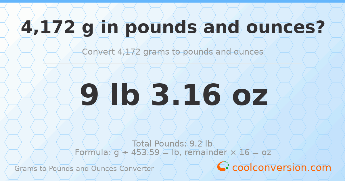 4172 g to lb and oz — 4172 g = 9 lb 3.16 oz