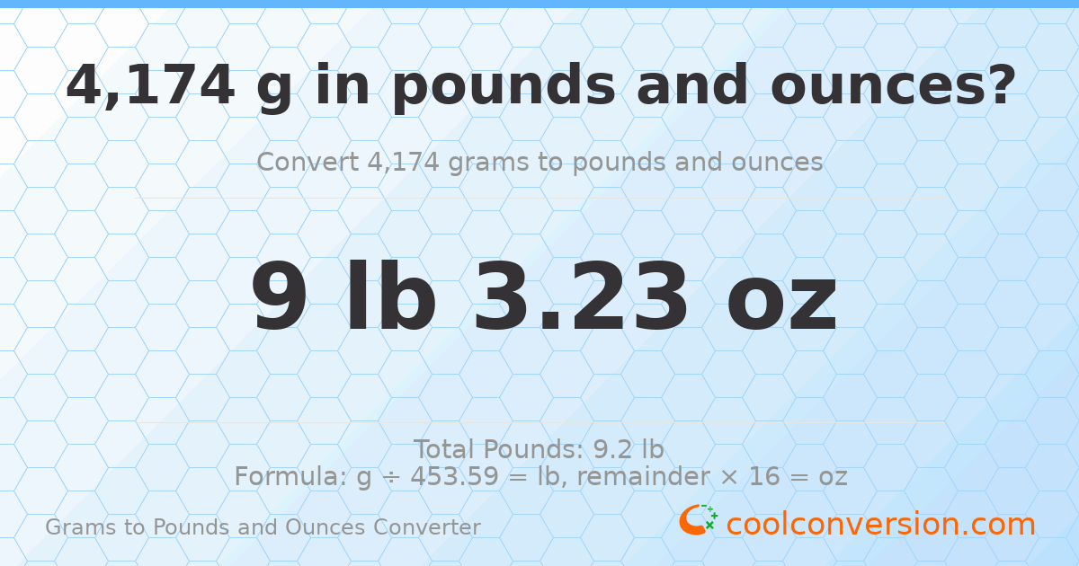 4174 g to lb and oz — 4174 g = 9 lb 3.23 oz
