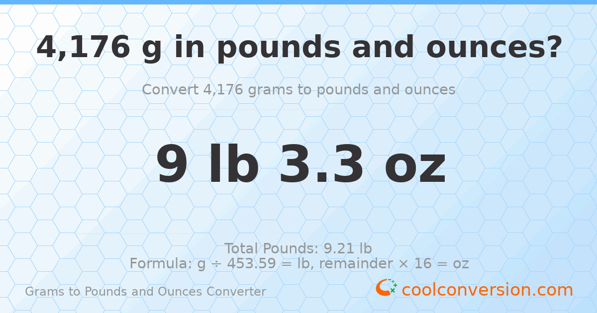 4176 g to lb and oz — 4176 g = 9 lb 3.3 oz