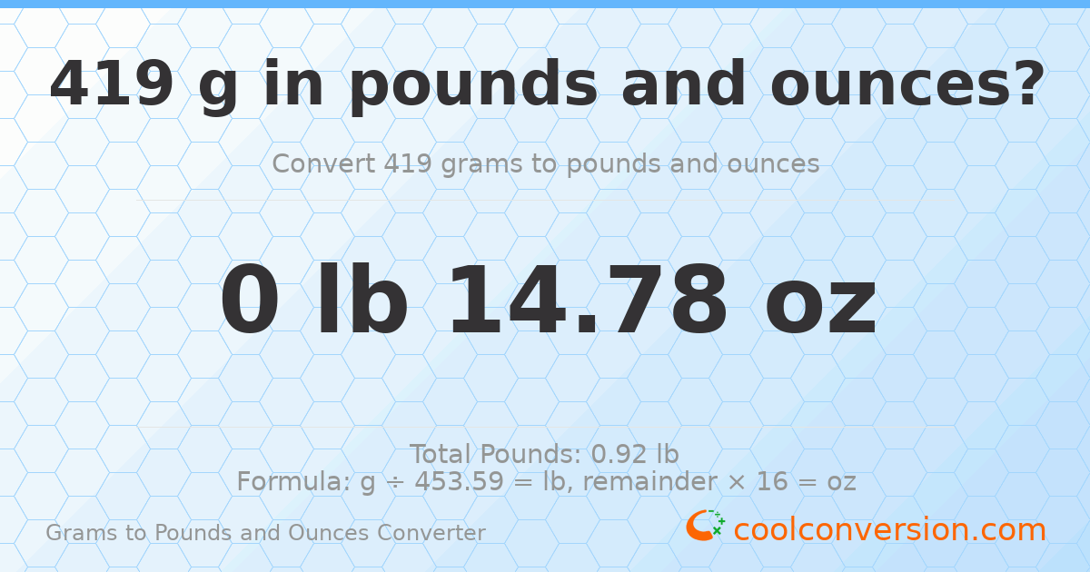 419 g to lb and oz — 419 g = 0 lb 14.78 oz