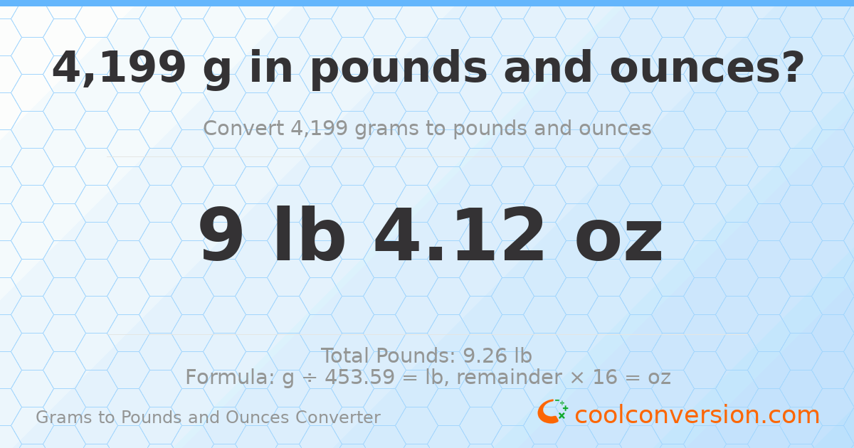 4199 g to lb and oz — 4199 g = 9 lb 4.12 oz