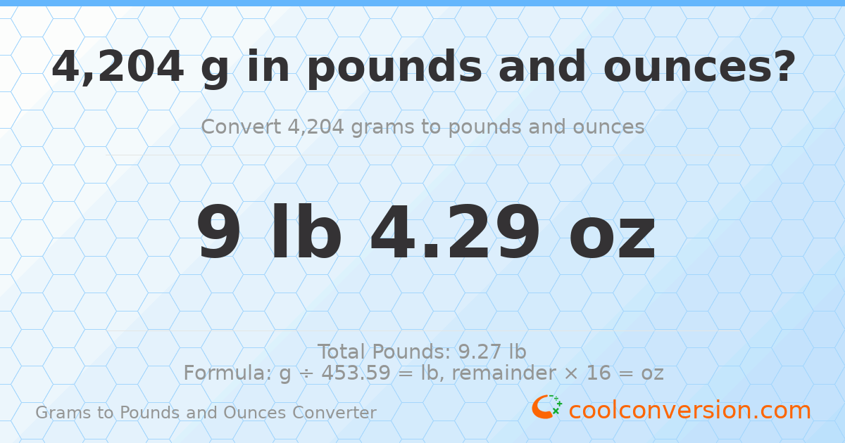 4204 g to lb and oz — 4204 g = 9 lb 4.29 oz