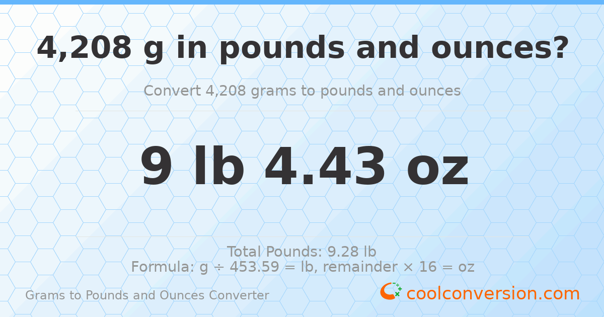 4208 g to lb and oz — 4208 g = 9 lb 4.43 oz