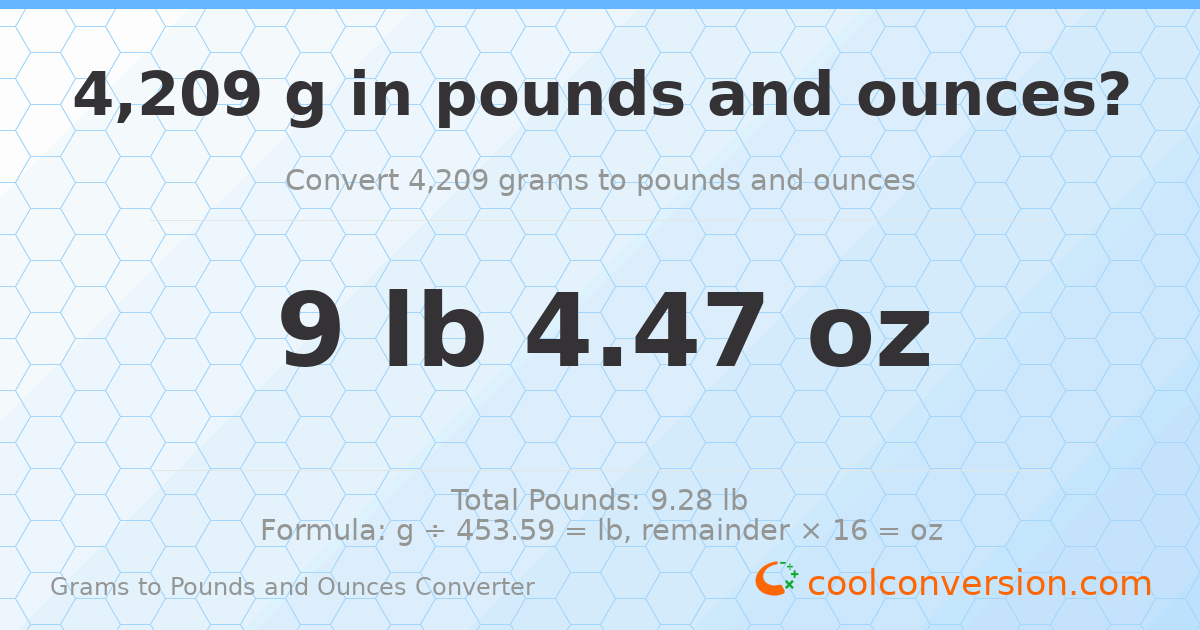 4209 g to lb and oz — 4209 g = 9 lb 4.47 oz