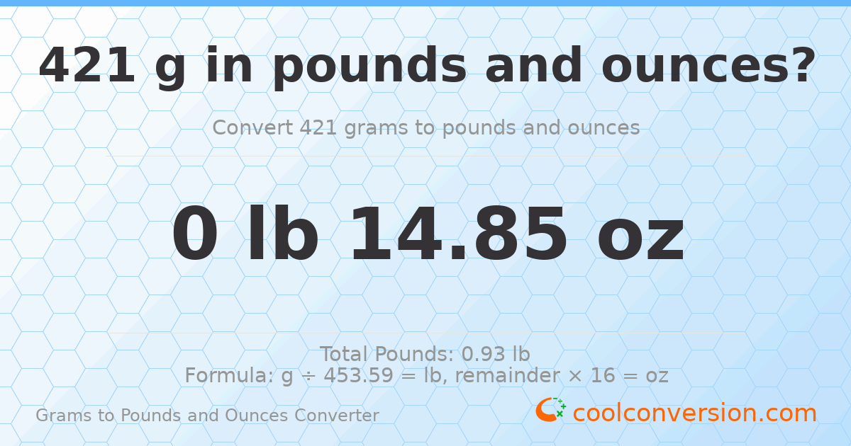 421 g to lb and oz — 421 g = 0 lb 14.85 oz