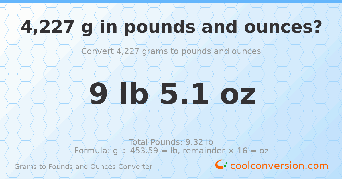 4227 g to lb and oz — 4227 g = 9 lb 5.1 oz