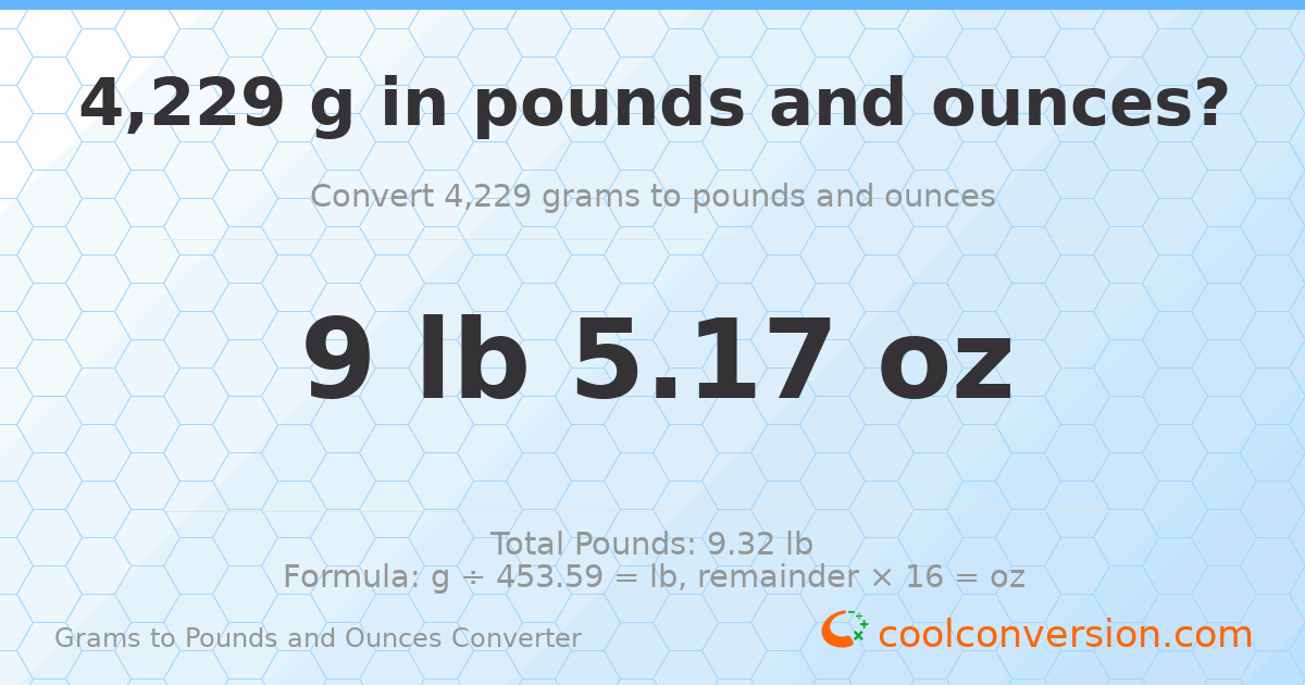 4229 g to lb and oz — 4229 g = 9 lb 5.17 oz