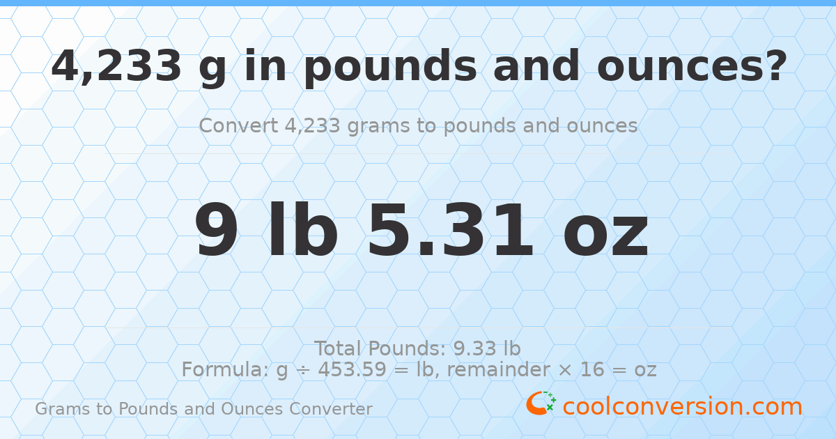 4233 g to lb and oz — 4233 g = 9 lb 5.31 oz