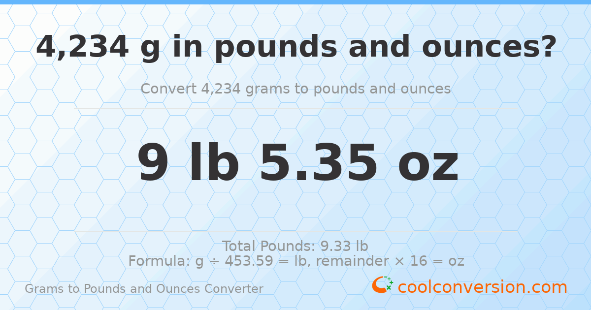 4234 g to lb and oz — 4234 g = 9 lb 5.35 oz