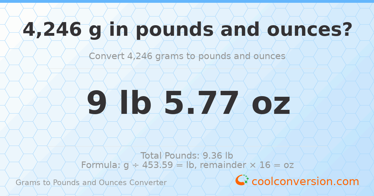 4246 g to lb and oz — 4246 g = 9 lb 5.77 oz