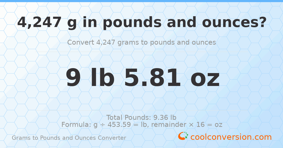 4247 g to lb and oz — 4247 g = 9 lb 5.81 oz