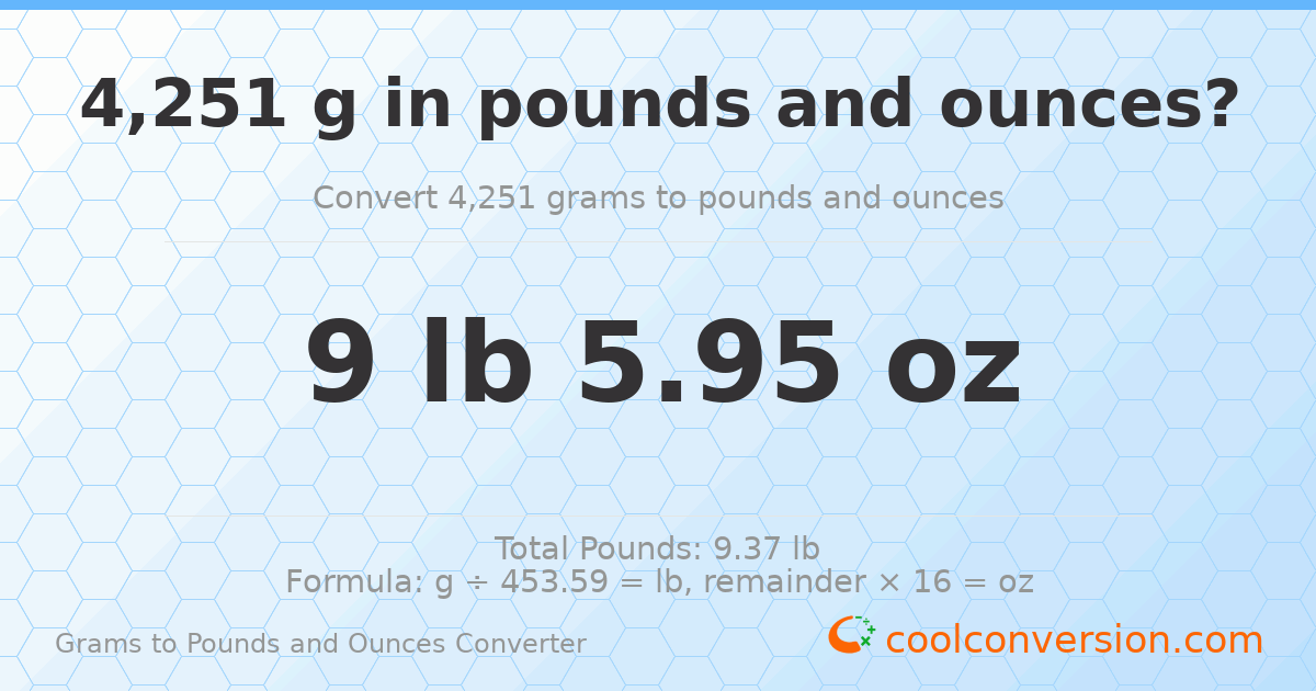 4251 g to lb and oz — 4251 g = 9 lb 5.95 oz