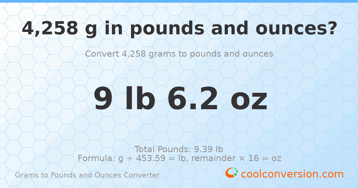 4258 g to lb and oz — 4258 g = 9 lb 6.2 oz