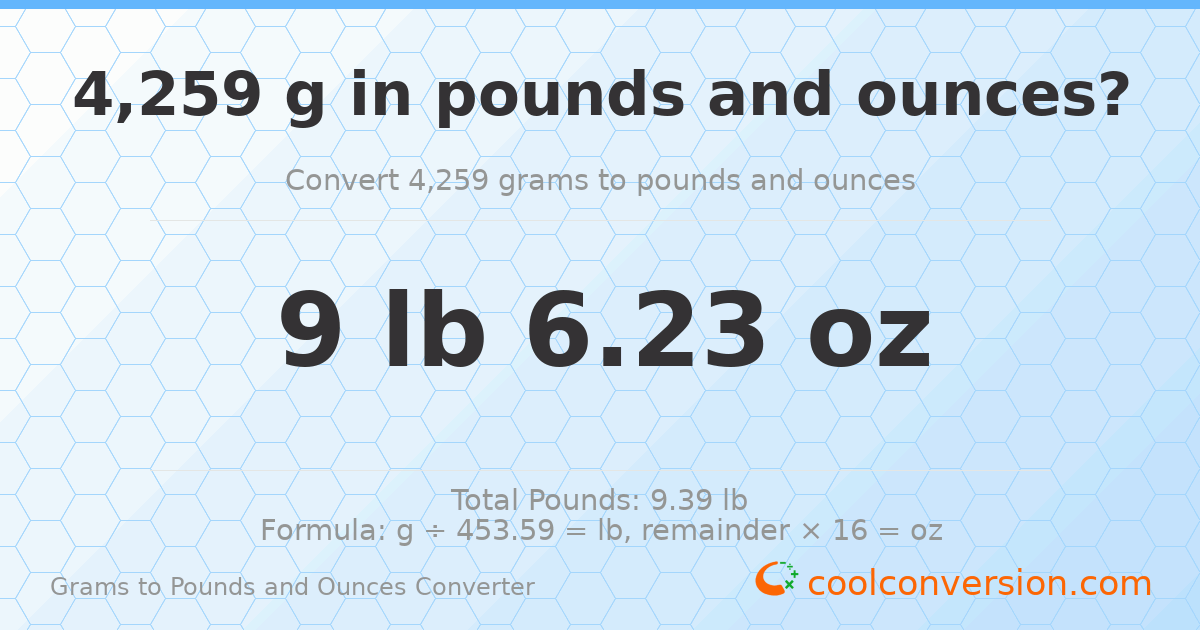 4259 g to lb and oz — 4259 g = 9 lb 6.23 oz