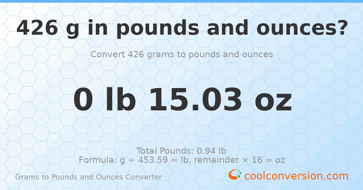 426 g to lb and oz — 426 g = 0 lb 15.03 oz