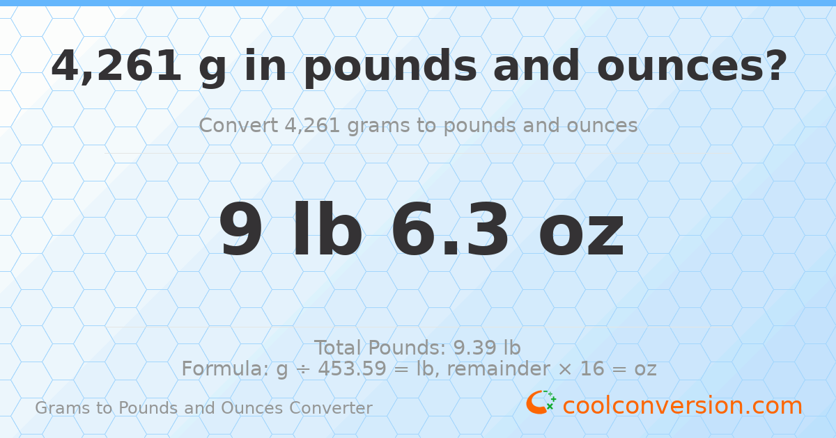 4261 g to lb and oz — 4261 g = 9 lb 6.3 oz