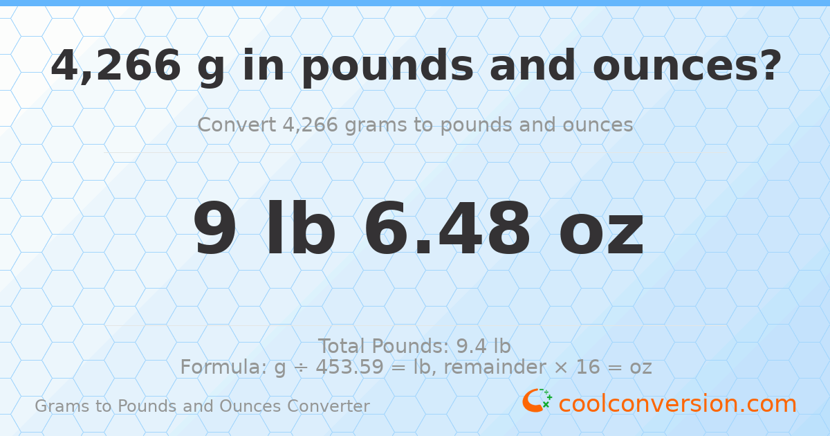 4266 g to lb and oz — 4266 g = 9 lb 6.48 oz