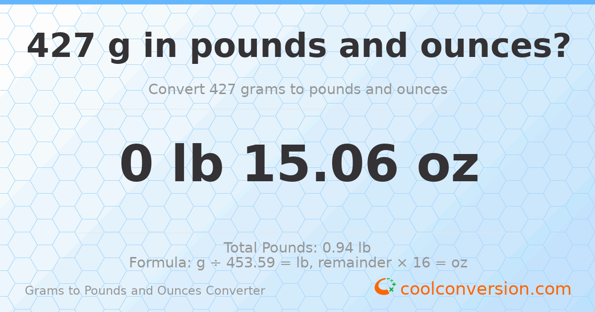 427 g to lb and oz — 427 g = 0 lb 15.06 oz