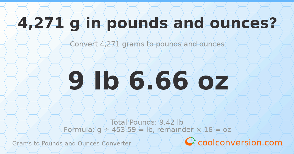 4271 g to lb and oz — 4271 g = 9 lb 6.66 oz