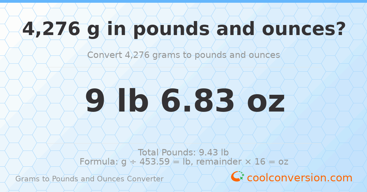 4276 g to lb and oz — 4276 g = 9 lb 6.83 oz