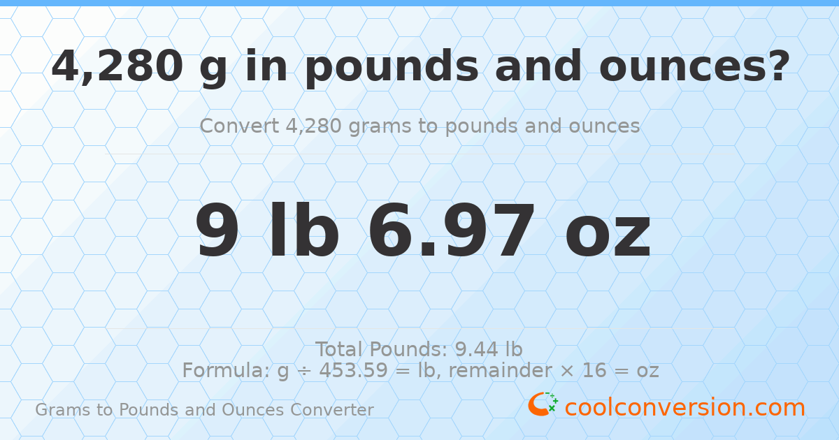 4280 g to lb and oz — 4280 g = 9 lb 6.97 oz