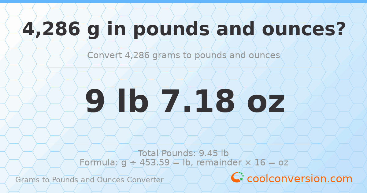 4286 g to lb and oz — 4286 g = 9 lb 7.18 oz