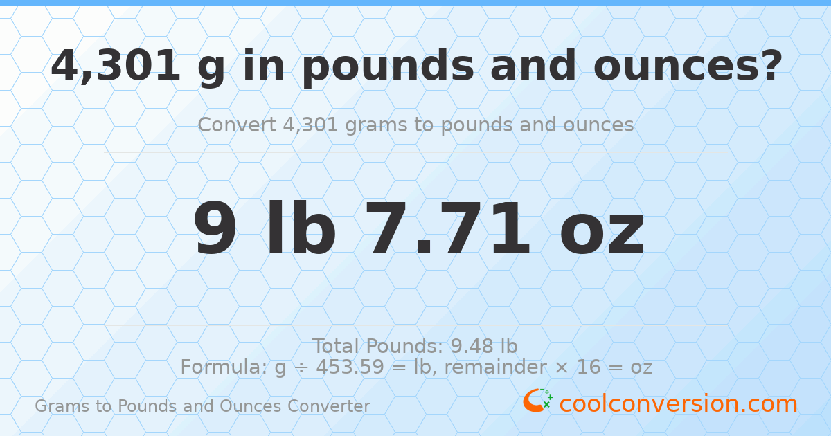 4301 g to lb and oz — 4301 g = 9 lb 7.71 oz