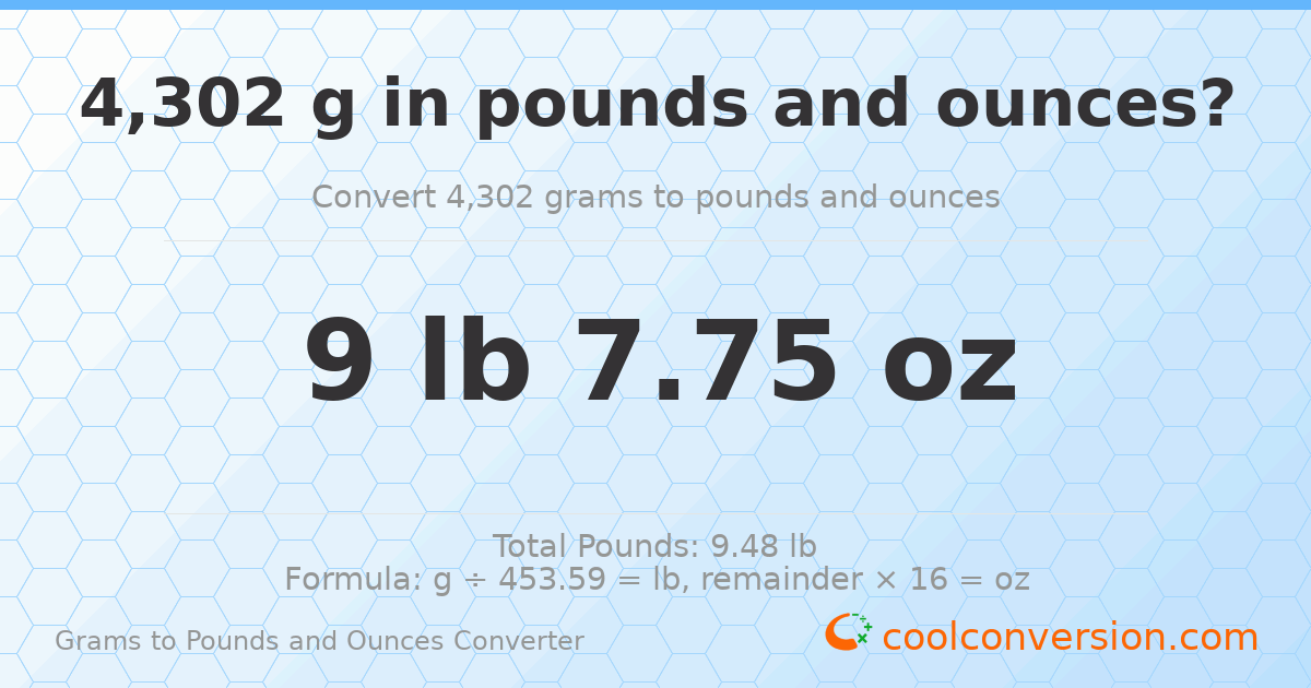 4302 g to lb and oz — 4302 g = 9 lb 7.75 oz