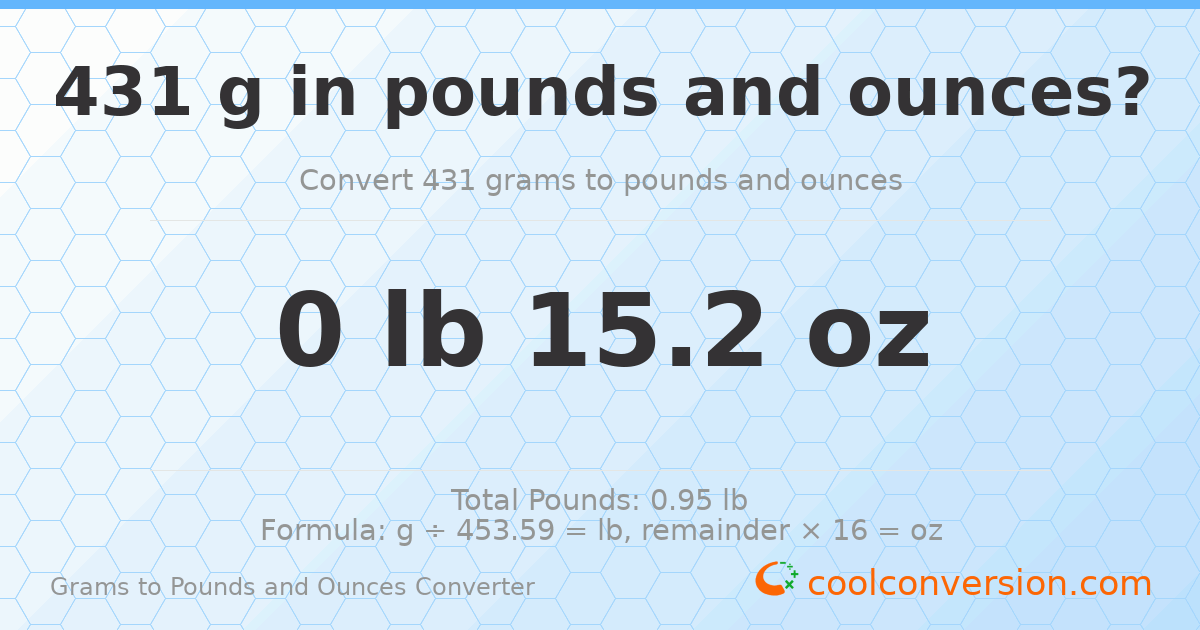 431 g to lb and oz — 431 g = 0 lb 15.2 oz