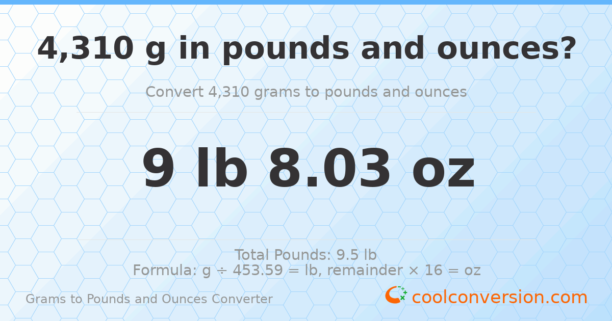 4310 g to lb and oz — 4310 g = 9 lb 8.03 oz