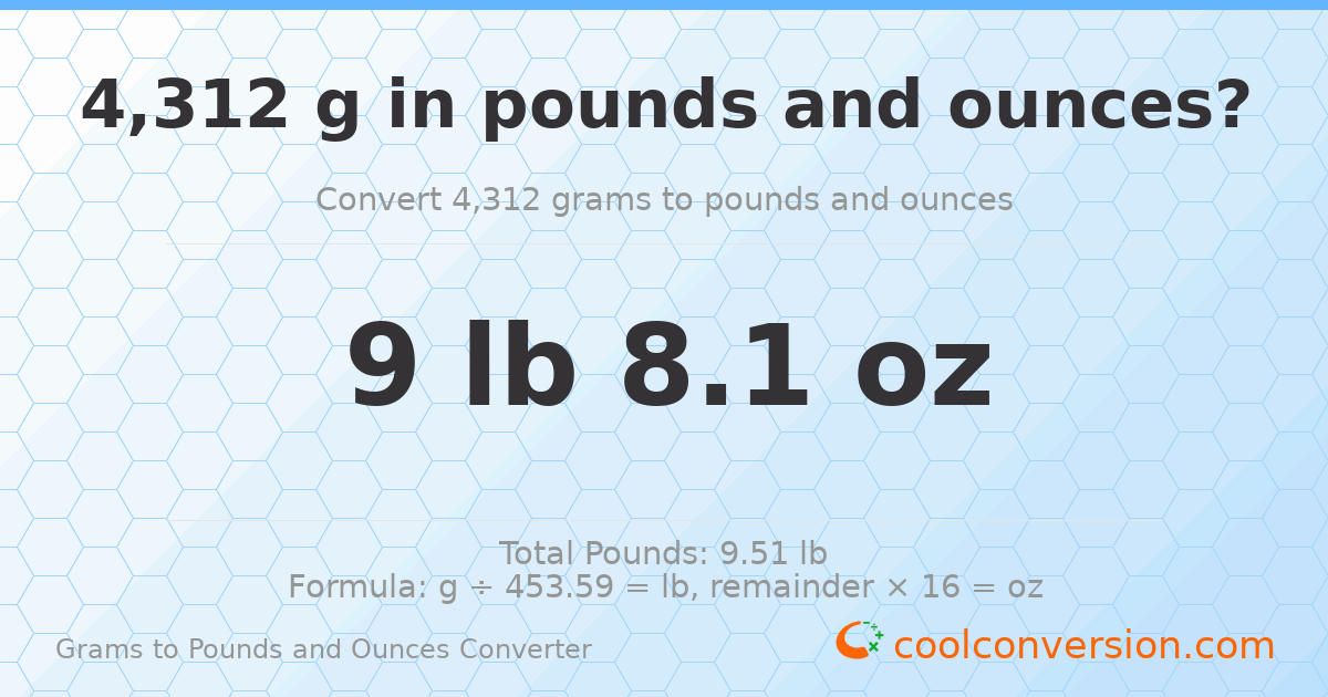 4312 g to lb and oz — 4312 g = 9 lb 8.1 oz