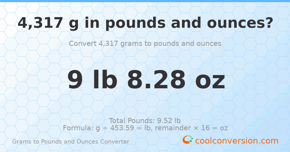 4317 g to lb and oz — 4317 g = 9 lb 8.28 oz